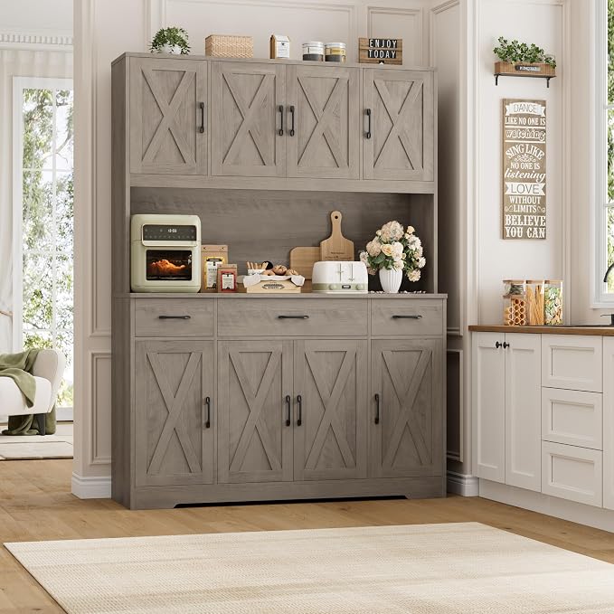 HOSTACK 71" Tall Kitchen Pantry Storage Cabinet, 55" W Kitchen Hutch, Grey | Large Pantry Cabinet with Charging Station / Countertop / 3 Drawers, Farmhouse Hutch Cabinet with Storage for Dining Room