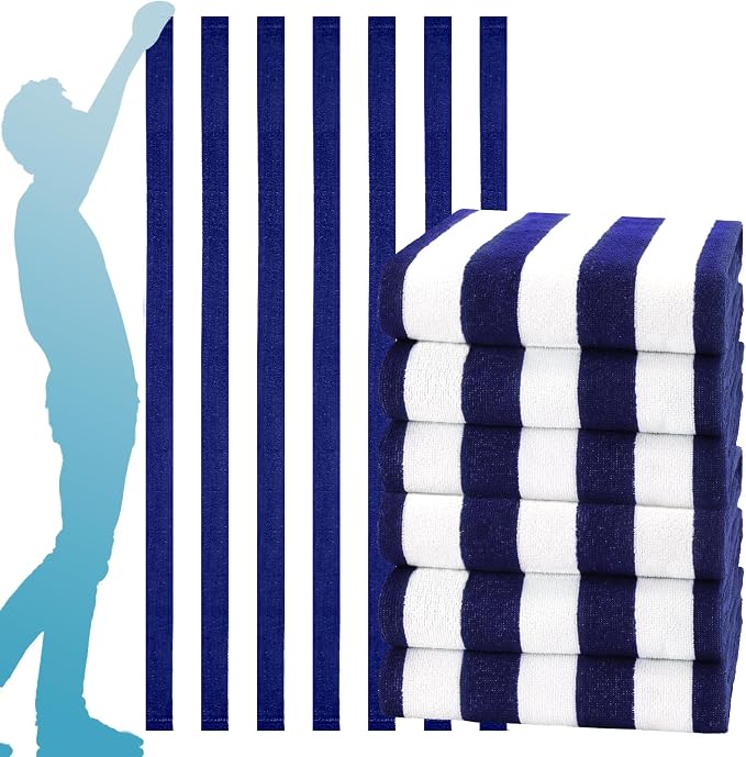 Genovega 6 Packs Oversized 72X40 Inch Stripe Beach Towel Thin Terry Set Extra Large XL Big Clearance Towels Soft Swim Pool Travel Accessories Essentials Camping Adults Men Women Gift Navy Blue