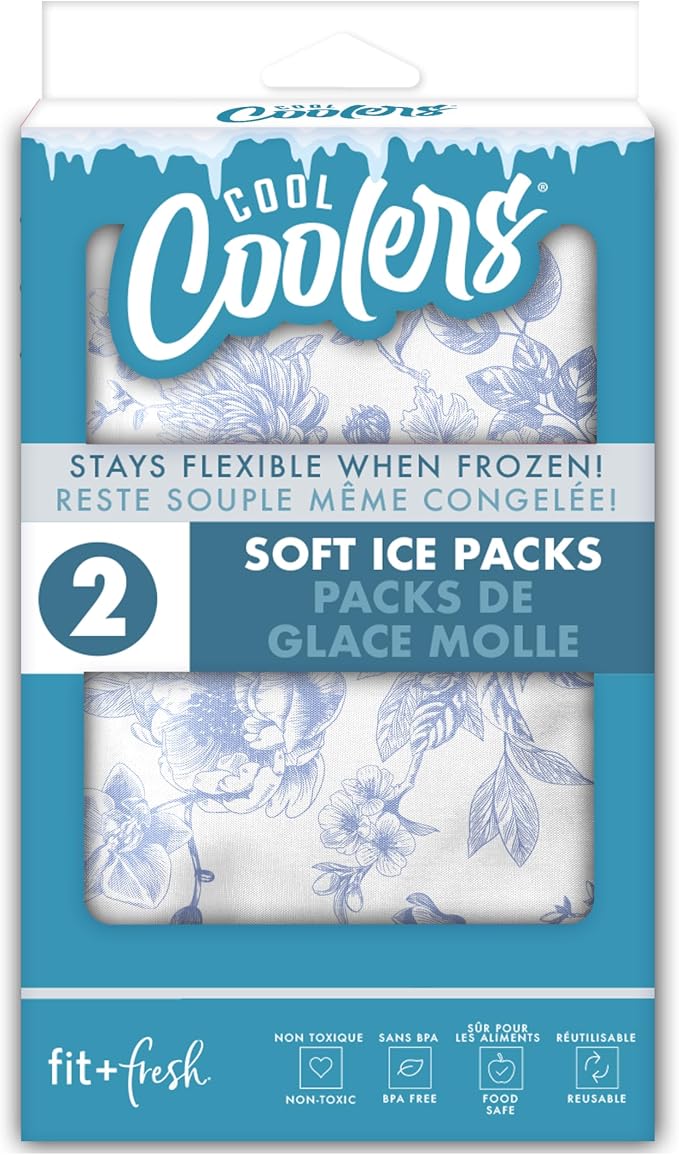 Fit & Fresh Cool Coolers 2 Pack Soft Ice for Lunch Bags, Flexible Stretch Nylon, Durable, Reusable Lunch Box Ice Packs, Soft Ice, Reusable Freezer Packs, Lunch Ice, Easy to Clean, Blue Floral