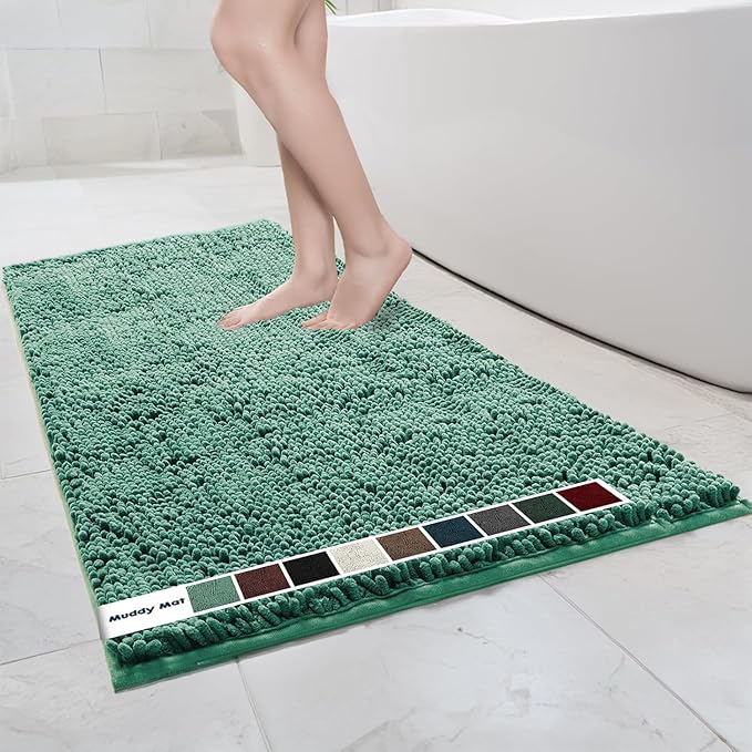 Muddy Mat® | Chenille Bathroom Rugs Quick Dry Microfiber Mats Non Slip Washable, Extra Thick, Soft and Highly Absorbent Bath Mats for Bathroom, Kitchen, and Shower Floor - Seafoam Green 36"x60"
