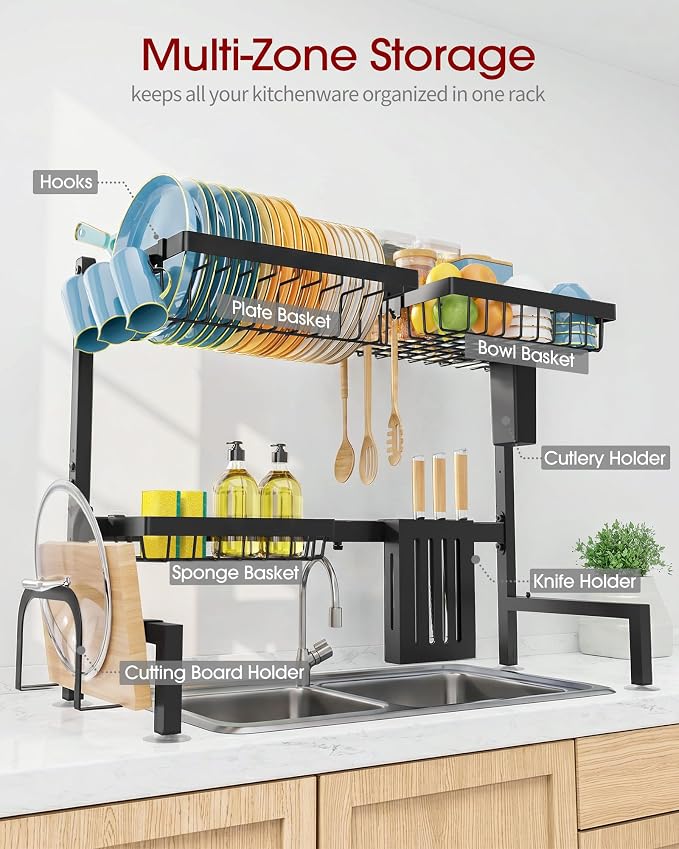 Sakugi Dish Drying Rack Over The Sink, Dish Drainer for Kitchen Counter | Stainless Steel Storage Organizer with Utensil Knife Holder & Hooks, Adjustable 11"D x 30.5"~34''W x 21.5" H, Black