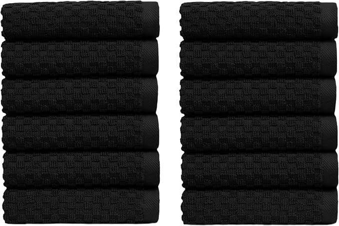 COTTON CRAFT Euro Spa Waffle Wash Cloth - Set of 12 Black Washcloth | Luxury Face Towel Set - 100% Cotton - Soft Plush Absorbent Low Lint Quick Dry - Gym Shower Beach Bath Kitchen - 12x12 inches