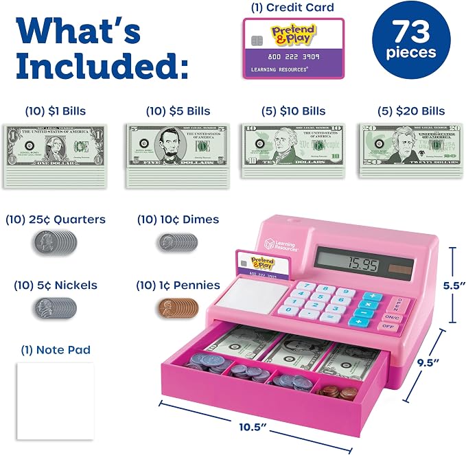 Learning Resources Pretend & Play Calculator Register Toy Pink - Kids Play Set & Credit Card Toy, Register for Kids, Pretend Grocery Store Shopping Playset for Toddlers, Teaching Math Set