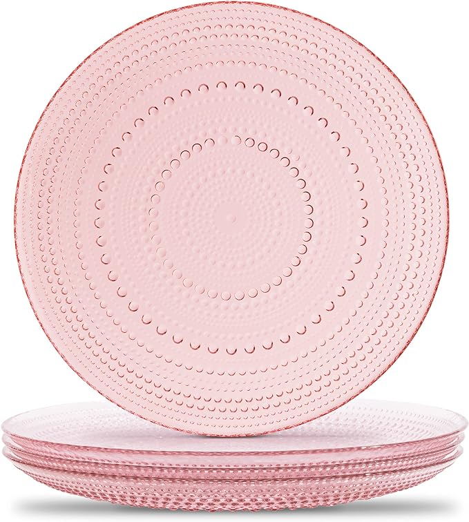 Pink Glass Dinner Plates, Small Plates, and Bowls Set – Vintage Hobnail Pink Glassware Set of 12, Elegant Tableware for Housewarming, Thanksgiving, or Everyday Dining