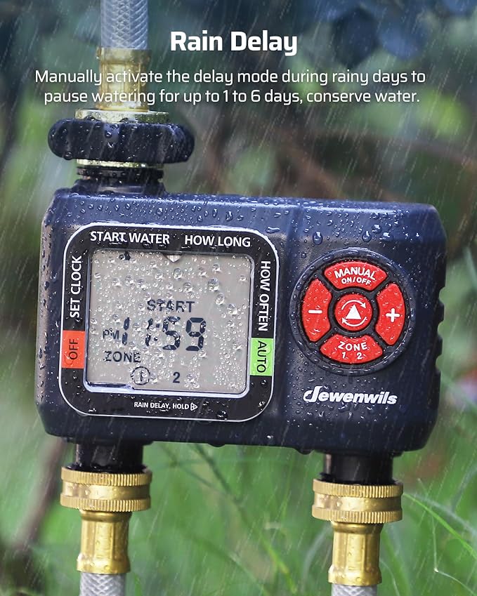 DEWENWILS 2-Zone Water Hose Timer – Programmable Sprinkler Timer with Rain Delay, Manual Watering & Auto Irrigation for Garden, Yard, or Lawn