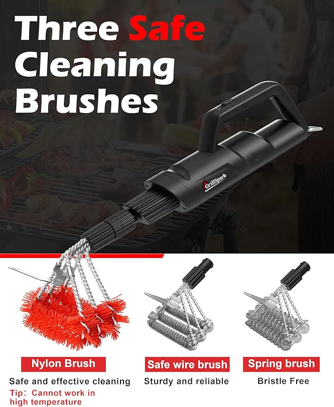 Electric Grill Brush – Long Handle, Innovative Reciprocating Motor Grill Cleaner (600/720 Strokes/min), Powerful Cleaning, 3 Interchangeable Brush Heads, Ideal BBQ Gift for Dads & Grill Lovers