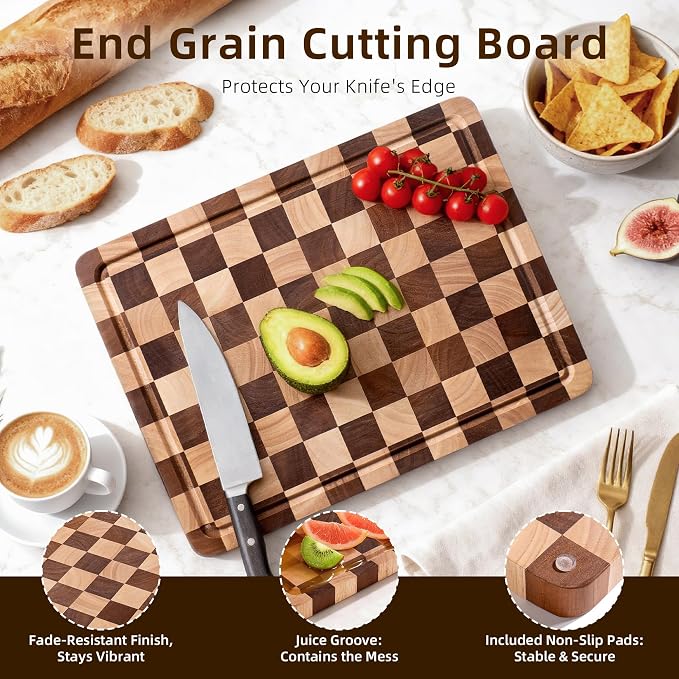 Checkered Cutting Board for Kitchen - Wood Thick Checkerboard End Grain Chopping Board with Handle & Juice Groove, Double Sided for Cooking, Serving and Decor, Rectangular 16" x 12" x 1"