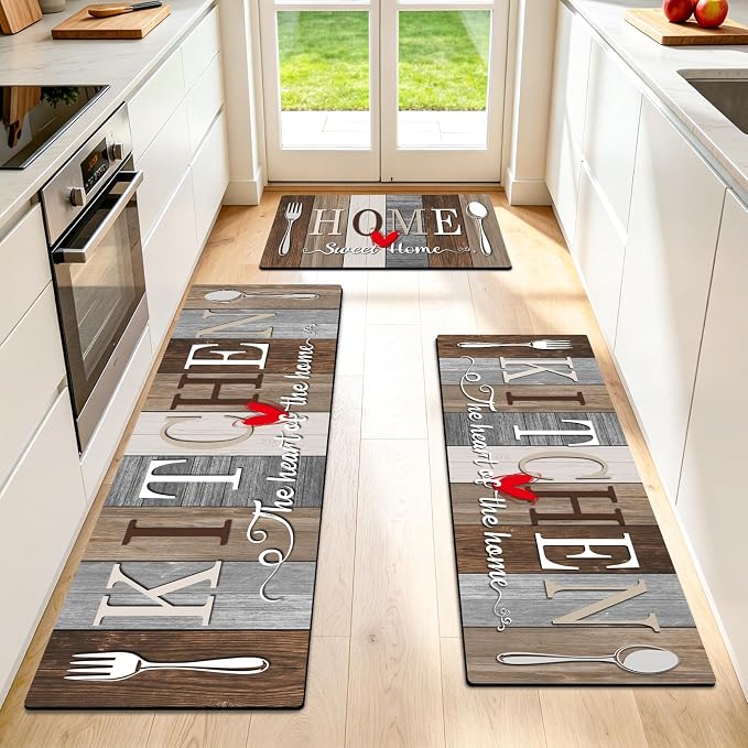 Kitchen Rugs Set 3 Piece, Non Slip Kitchen Mats for Floor, Soft Fabric with Rubber Backing, Farmhouse Anti Fatigue Runners Carpet for Home Kitchen Laundry Room Hallway (Rustic Brown & Grey)