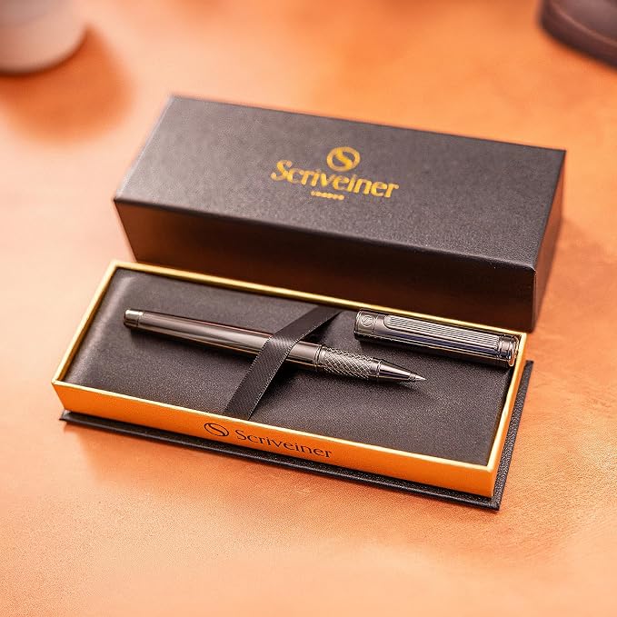 Scriveiner Gun-Metal Rollerball Pen - Stunning Luxury Pen, Schmidt Ink Refill, Best Roller Ball Gift Set for Men & Women, Professional, Executive Office, Nice Pens