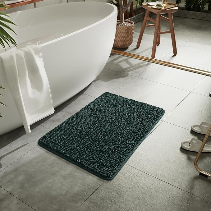 LOCHAS Luxury Bathroom Rug Shaggy Bath Mat 24 x 17 Inch, Hunter Green | Washable Non Slip Bath Rugs for Bathroom Shower, Soft Plush Chenille Absorbent Carpets