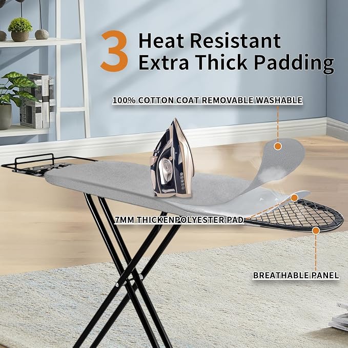 Ironing Board, 43x14 Inch Iron Board with Steam Rest, Heavy Duty Metal Frame Legs Ironing Table with Heat Resistant Cover Mat, Foldable Full Size Hanger Ironing Stand (Grey, 52" L x 14" W x 34.6" H)