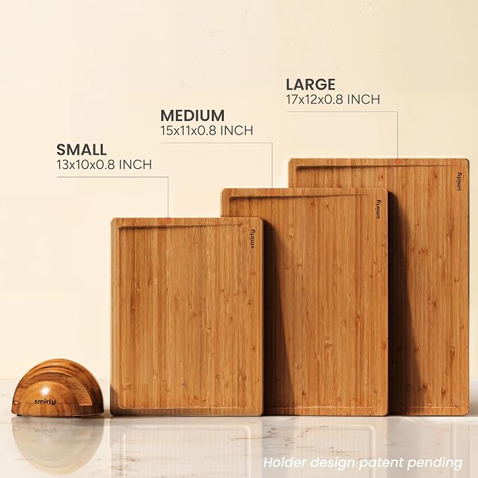 SMIRLY Cutting Board, Carbonized Bamboo Cutting Board Set of 3 with Stand | Non Toxic Wooden Cutting Board with Juice Grooves and Handles, Multiple Sizes Chopping Boards for Meat Vegetable Charcuterie
