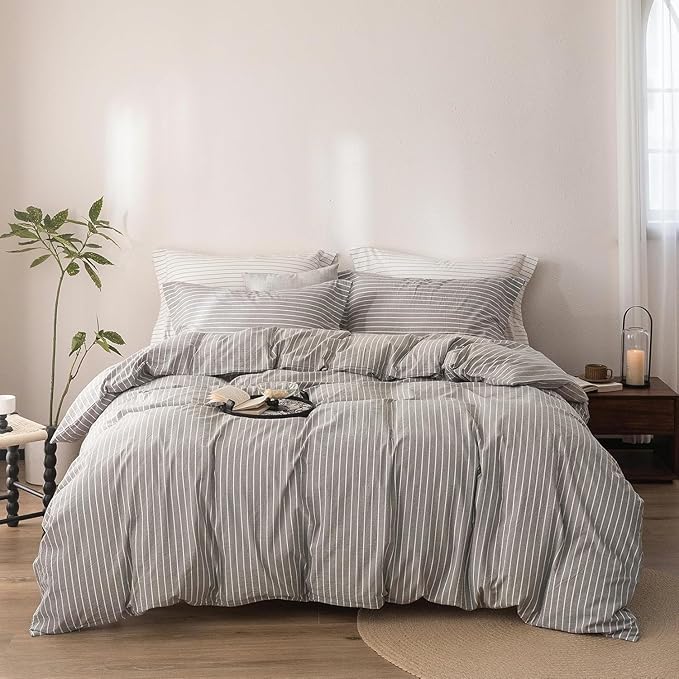 Stripe Duvet Cover Twin Size 90inch x 68inch, 100% Washed Cotton Linen Feel Duvet Cover with Zipper Closure and 1 Pillowcases, Color of Grey-White Stripe