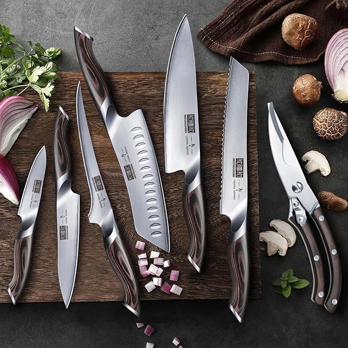 HOSHANHO 8PCS Kitchen Knife Set, Ultra Sharp Japanese Knife Sets with Block | Japanese High Carbon Super Steel Knife Block Set, Professional Chef Knife Set with Scissors, Ergonomic Handle, Ideal Gifts