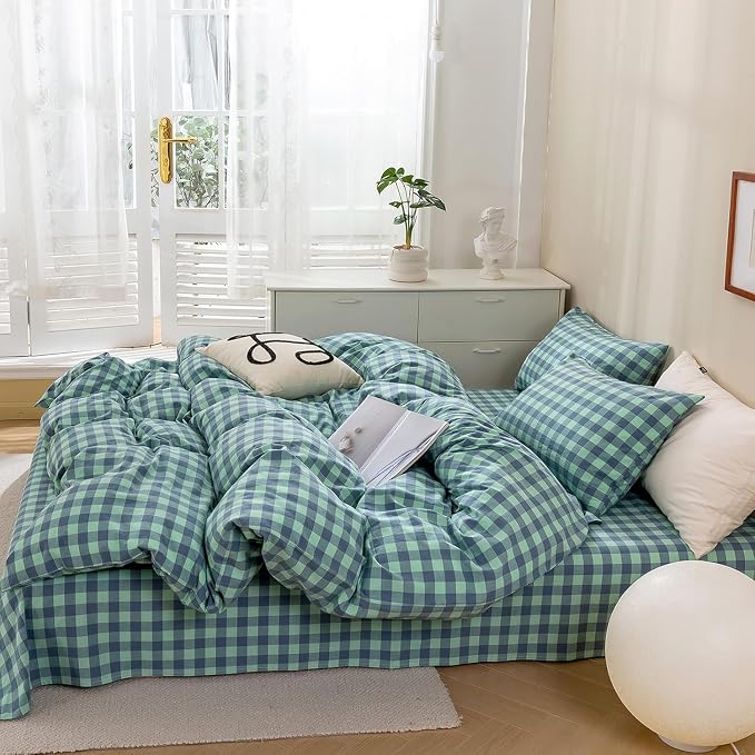 mixinni Green Gingham Grid Duvet Cover Queen, 100% Washed Cotton Modern Geometric Bedding Set with 2 Pillowcases, Farmhouse Style Blue Plaid Comforter Cover Set for Men & Women, Soft & Lightweight