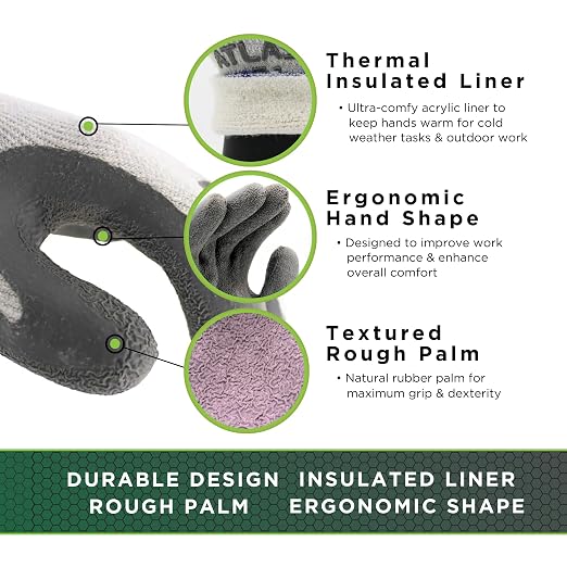 SHOWA 451 Insulated Work Gloves, Latex Coated Work Gloves with Rough Grip, Work Gloves for Winter Construction & Outdoor Work, Grey, Small, 12-Pack