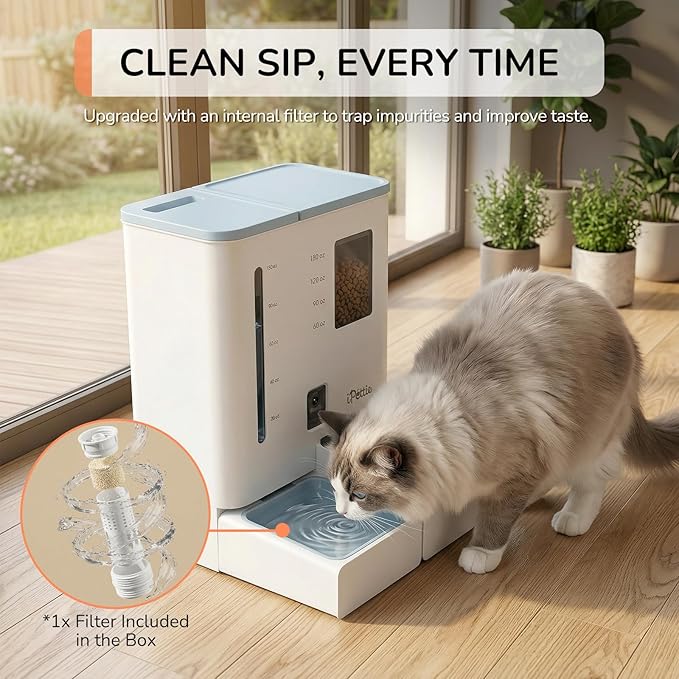 iPettie Camera Automatic Cat Feeder and Water Dispenser, 5G/2.4GHz WiFi | 2K HD Video, Night Vision, APP Scheduling & Alerts, 1 Filter Included, 300oz Large Capacity for 2 Weeks, FW54 Camera Version