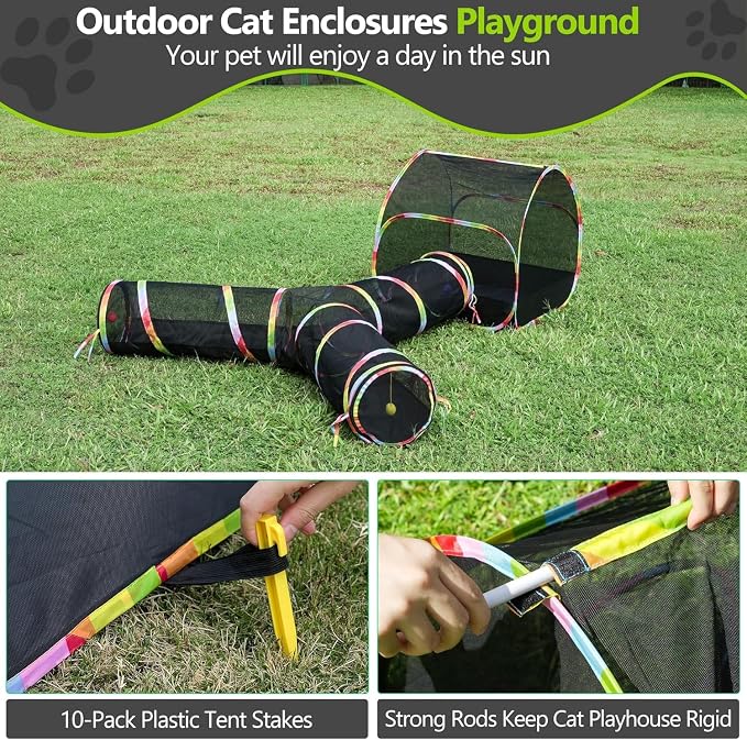 Outdoor Cat Enclosure, 3-in-1 Portable Pop Up Cat Mesh Tent with Tunnel for Cat Run, Easy Set Up and Foldable Catio Playground for Indoor Cats, Rabbits & Small Animals, Includes Storage Bag