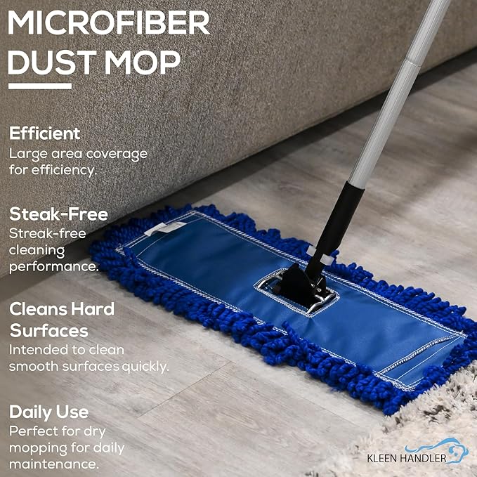 KLEEN HANDLER 6 Pack of 18 Inch Microfiber Dust Mop, Large Washable Commercial Mop Head Replacement, Sweeper, Janitorial Dust Mops, Blue