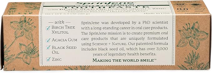 SprinJene Natural Fluoride Toothpaste – Natural Toothpaste for Gum Health & Cavity Protection – Patented Black Seed Oil & Zinc Formula for Healthy Teeth & Gums – Made in the USA (1 Pack)