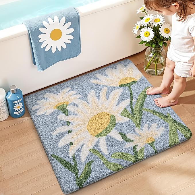 LUMI Bathroom Rugs Cute Daisy, Soft Absorbent Squarer Bath Mat Non-Slip, Machine Washable Quick Dry Blue Luxury Rug Flower for Kids Room, Bathtub, Home Decor, 26"x26"
