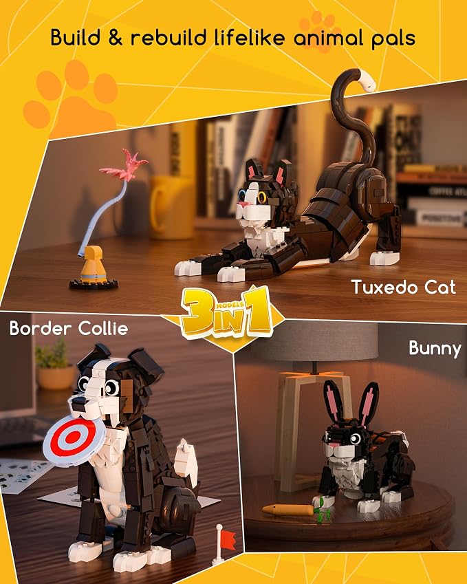 3-in-1 Tuxedo Cat Building Set, Build a Cat, Dog or Rabbit, Creative Building Toy for Kids & Animal Lovers, Birthday Gift for Girls and Boys Ages 8+