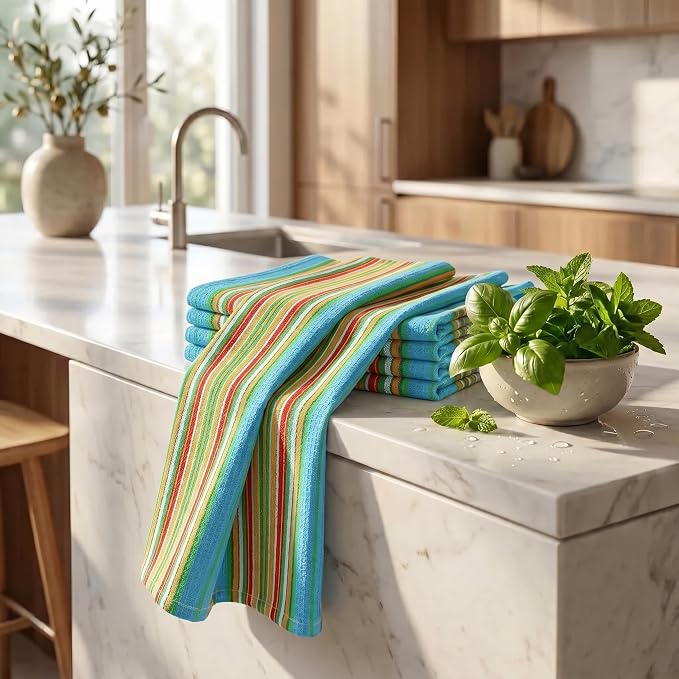 Urban Villa Kitchen Towels Waffle Stripes Dish Towels for Kitchen Azure Color Set of 6 Kitchen Towels Highly Absorbent Cotton Over Sized 20X30 in with Mitered Corners Kitchen Hand Tea Towels