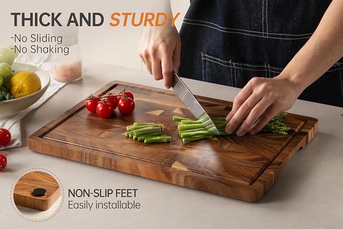 Walnut Cutting Board for Kitchen, Wooden Cutting Boards | End Grain Cutting Board with Juice Groove & Handles, 16.5", natural oil finish, non-slip feet,rounded edges, gift box