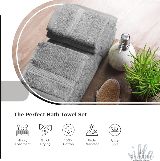 Villa Celestia 24-Piece 100% Cotton Towel Set, 6 Bath Towels, 6 Hand Towels, 12 Wash Cloth, Quick-Dry, Grey