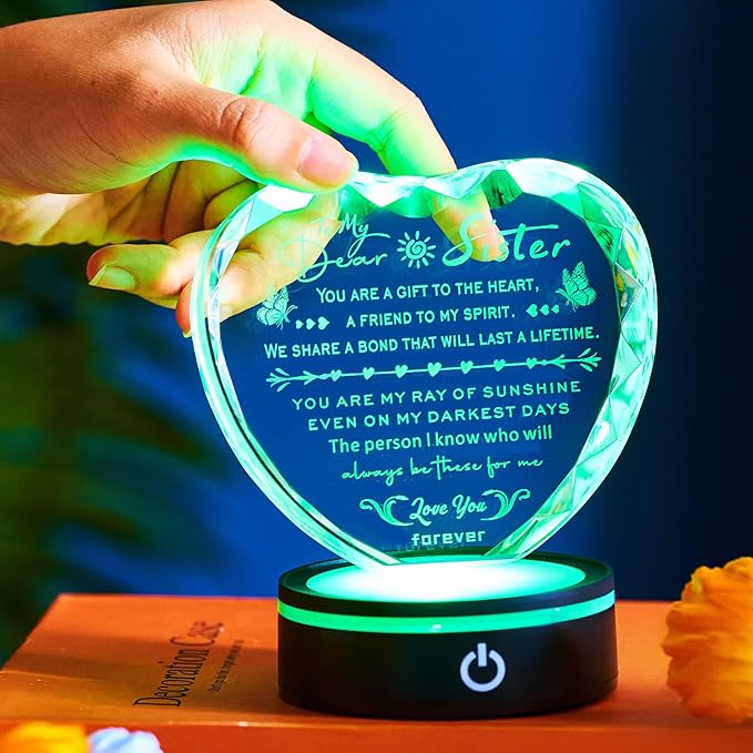 Sister Gifts Crystal Keepsake with LED Base, Laser Engraved Sister Gift from Sister, Soul Sister Presents for Women, Unique Big Sister Birthday Gifts for Girls, Best Sister Ever Gifts