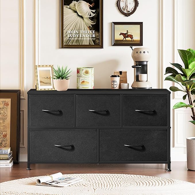 5-Drawer Dresser for Bedroom, Anti-Tip Wide Storage Organizer Fabric Chest of Drawers TV Stand for 45" TV with Wooden Top and Metal Frame for Closet, Living Room, Hallway, Entryway, Black