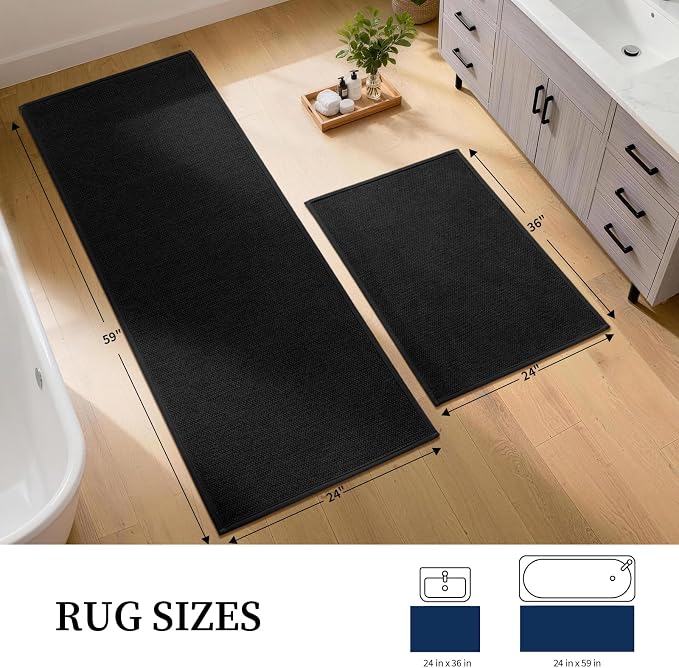 YIHOUSE Long Large Bathroom Rugs Sets 2 Piece, Quick Dry Thin Bath Mat, Non Slip Absorbent Machine Washable, Bath Runner Rug for Tub Sink Home Decor (24"x36" + 24"x59",Black)