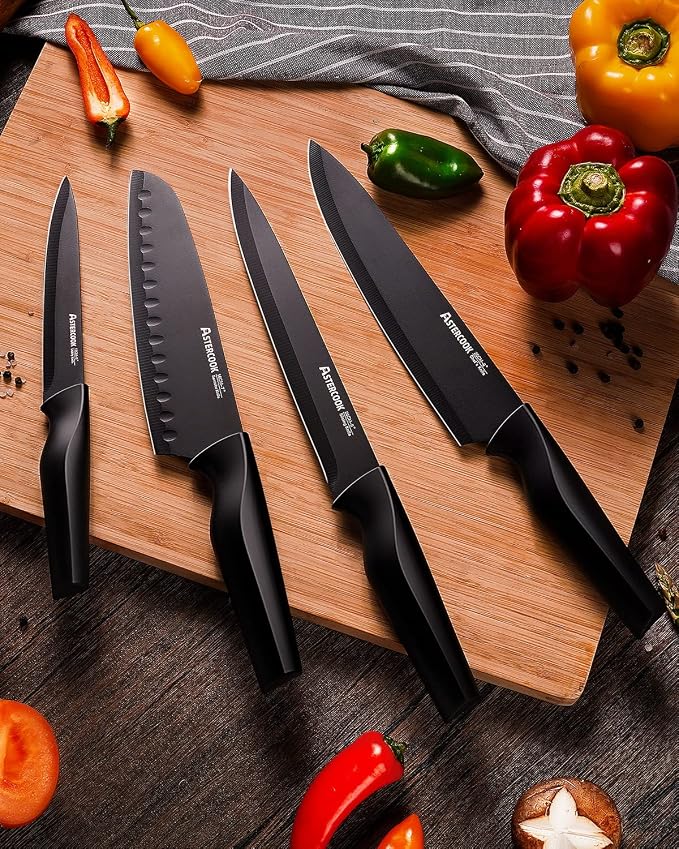 Astercook 15 Pieces Kitchen Knife Block Set with Sharpener, Black | Built-in Sharpener Block, Dishwasher Safe, German Stainless Steel, Ergonomic Handle, Kitchen Weddings Birthdays Gift