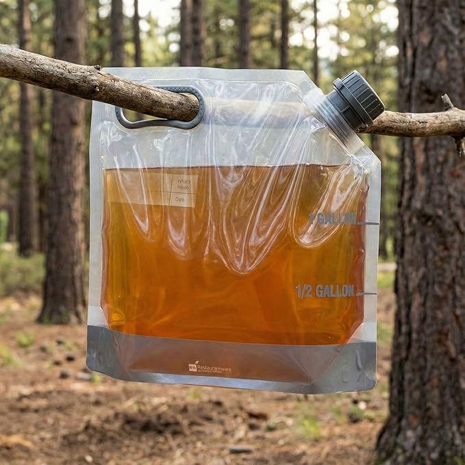 Restaurantware Cater Tek 1 Gallon Water Containers 10 Drink Bags - Collapsible Includes Tamper-Evident Caps Clear Plastic Beverage Bags For Catered Events Camping or Hiking Durable Handle