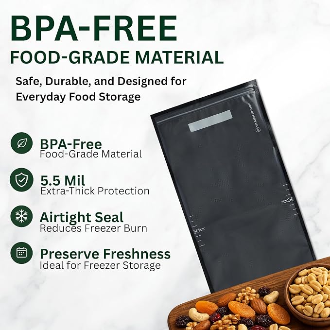 Resealable Vacuum Seal Zipper Bags 11" x 24" (50 Count) 5.5 Mil (Black & Clear) Precut BPA Free Heavy-Duty Commercial Grade Reclosable Bag, Sous Vide, Meal Prep, Freezer Storage & Food Preservation