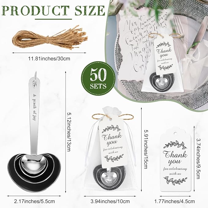Umigy 50 Set Heart Shaped Measuring Spoon Tea Spoons Wedding Baby Shower Favors for Guests Set Heart Shape Drawstring Organza Bag Gift Tag Rope for Wedding Bridal Shower Souvenir (Silver)