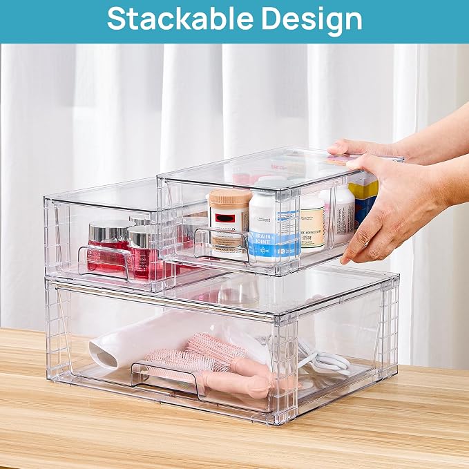 Vtopmart 5 Pack Stackable Storage Drawers, Easily Assemble Clear Plastic Organizer Bins, 3 Wide Drawers and 2 Small Drawers for Pantry, Kitchen Cabinet, Bathroom, Closet Organization and Storage