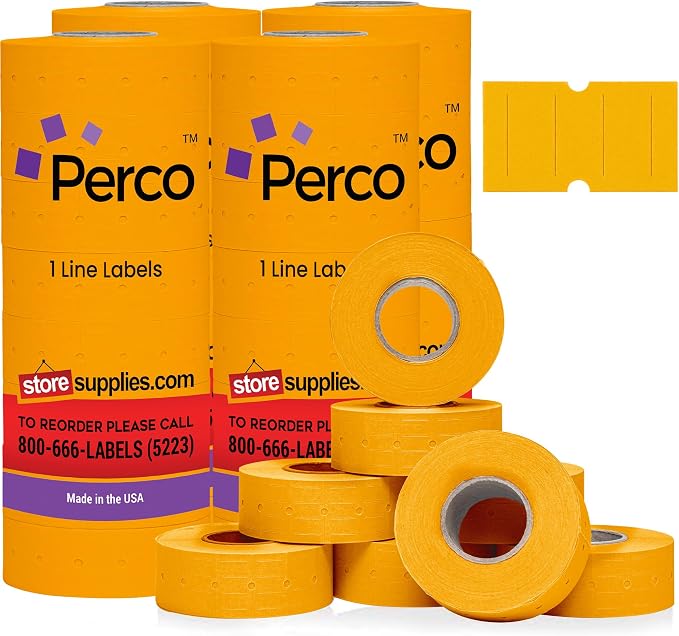 Perco 1 Line Fluorescent Orange Labels - 32,000 Blank Price and Date Gun Labels for Perco Lite, X, Plus and Pro 1 Line Price and Date Guns - 32 Rolls, 4 Sleeves - Made in USA