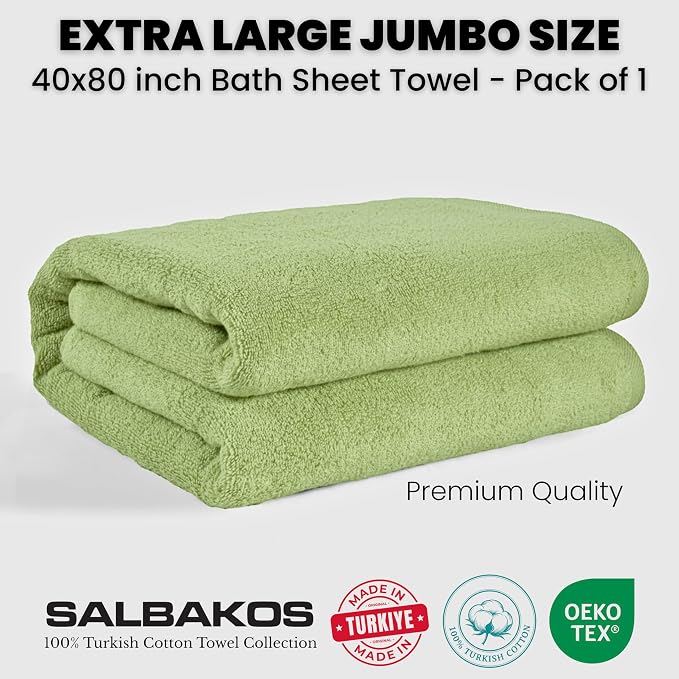 SALBAKOS Luxury 100% Turkish Cotton Bath Sheet 40x80 in (1-Piece, Green) | Extra Large Jumbo Oversized Bathroom and Beach Towel, Super Soft Highly Absorbent Thick Premium Hotel Quality, Made in Turkey