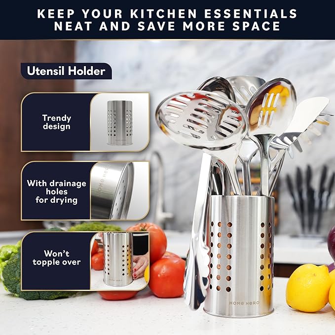 Home Hero Stainless Steel Kitchen Utensils Set - Wood Handle Nonstick Stainless Steel Cooking Utensils Set - Heat Resistant Kitchen Essentials & Metal Kitchen Gadgets (Silver & Wood)
