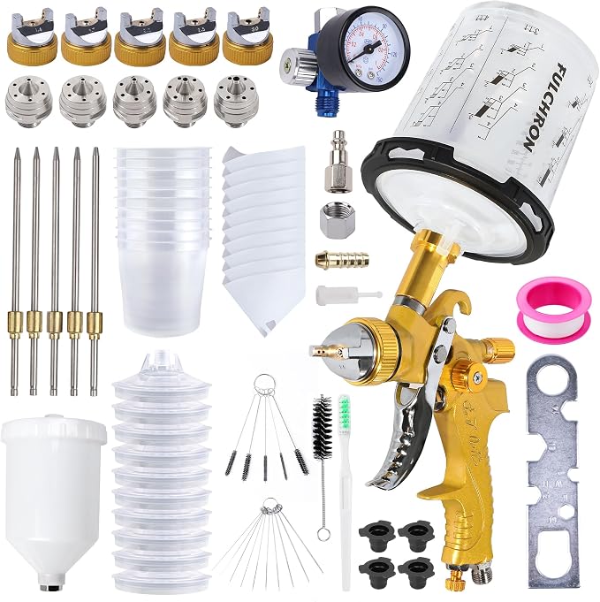 HVLP Paint Gun with 10 Disposable 600ML Paint Cups & 5 Nozzles | 1.4/1.7/2.0/2.5/3.0mm Nozzles Gravity Feed Spray Gun & Disposable Paint Cups for Automotive, Car Painting, Primer (Gold)
