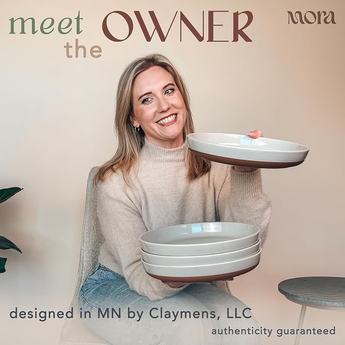 Mora Ceramic Flat Pasta Bowl Set of 4-35oz, Microwave Safe Plate with High Edge - Modern Porcelain Dinnerware for Kitchen and Eating, Large Wide Bowls/Plates for Serving Dinner, Salad, etc- Grey