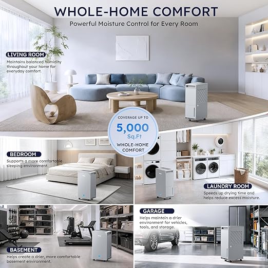 5000 Sq.Ft Energy Star Most Efficient 2024 Dehumidifier, Max 100 Pint Moisture Removal, Auto Defrost, Drain Hose, Smart Humidity Control for Basement, Home, Garage, Bathroom, Laundry Room