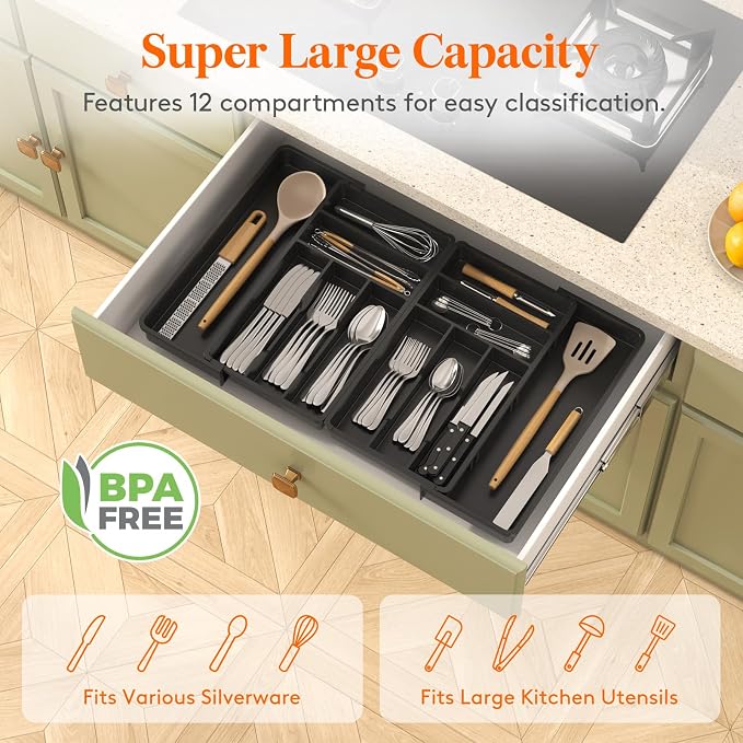 Lifewit Silverware Drawer Organizer, Expandable BPA Free Plastic Utensil Tray for Kitchen, Adjustable Flatware Cutlery Holder for Spoons Forks Knives, 18- 28 x 16.7", Black
