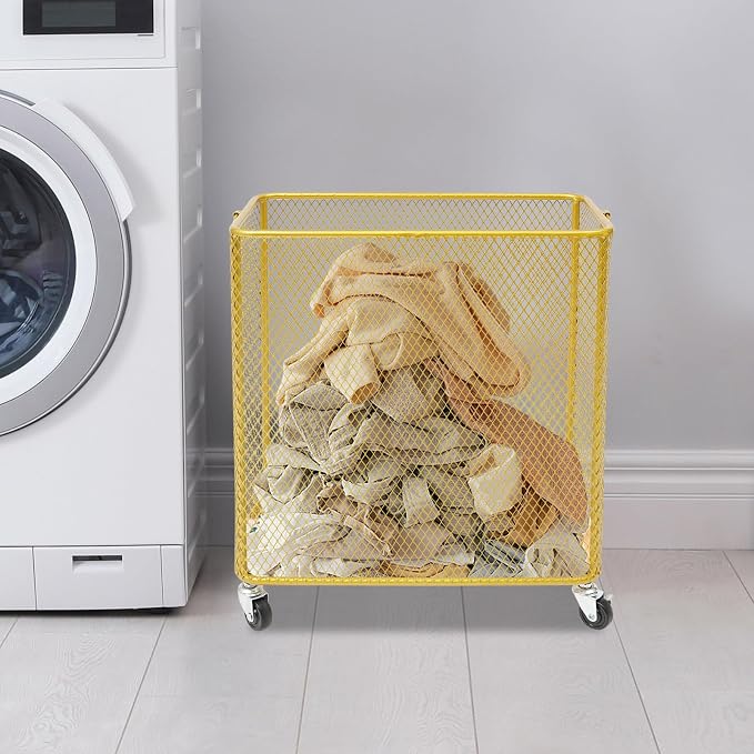 Rolling Laundry Basket Cart, Laundry Hamper with Wheels, Square Metal Mesh Clothes Storage Organizer Hamper with Metal Pull Handle for Laundry Room and Bedroom(Gold, 16.9" x 9" x 17.7")