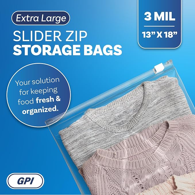 500 Count - Slider Zip 2.5 Gallon Jumbo Food Storage Bags, 13" x 18" 3 Mil Heavy Duty, Extra Large, Strong & Durable For Freezer Storage. GPI