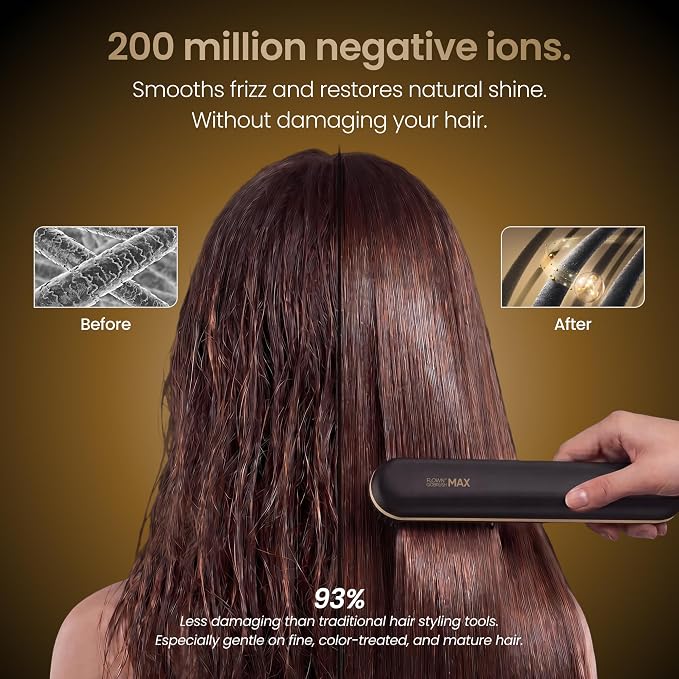 FLOWN® Original Go Brush MAX [Five Minutes Hair Styling Routine] - No Damage Heat Brush with USB-C Charger - Electric Travel Pocket Brush for All Hair Types - Black (Formerly Numoya)