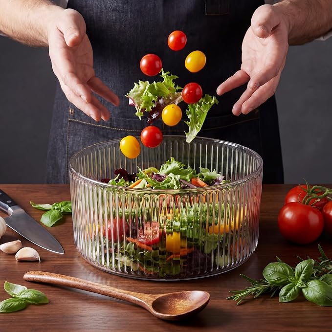 Large Glass Salad Bowl Set, Ribbed Salad Bowl with Wood Base and Lid As Cheese Charcuterie Board and Plate, Comes with 5 Pieces of Wood Serving Utensils for Kitchen Party(9" X 5.9")