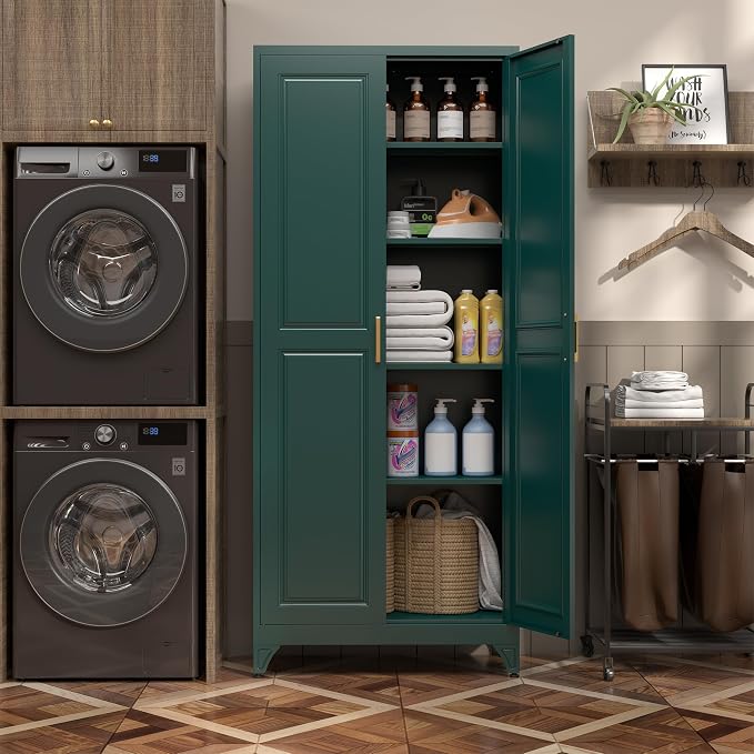 SteeLoong 75”Metal Pantry Storage Cabinet with Doors & 4 Adjustable Shelves | Kitchen Pantry Cabinet,Green Kitchen Cabinet with 2 Gold Handles,Tall Cabinet for Livingroom,Pantry, Bathroom,Kitchen,Garage