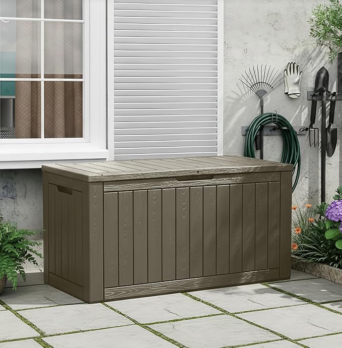 110 Gallon Waterproof Large Resin Deck Box, Lockable Large Outdoor Storage Box Indoor Outdoor Storage Container for Patio Cushions, Gardening Tools, Pool Supplies, Grey
